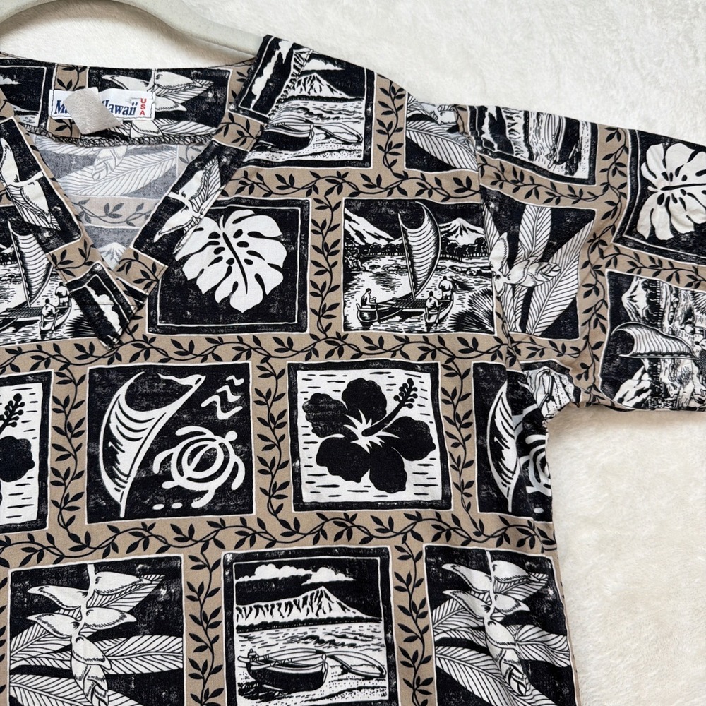 Vintage Hawaiian Shirt Made In Hawaii Mens XS Tapa Tribal Black Beige Aloha